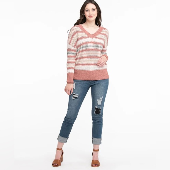 Ricki’s Striped Knit Pink V-Neck Casual Sweater Oversized Size Medium - Picture 5 of 10